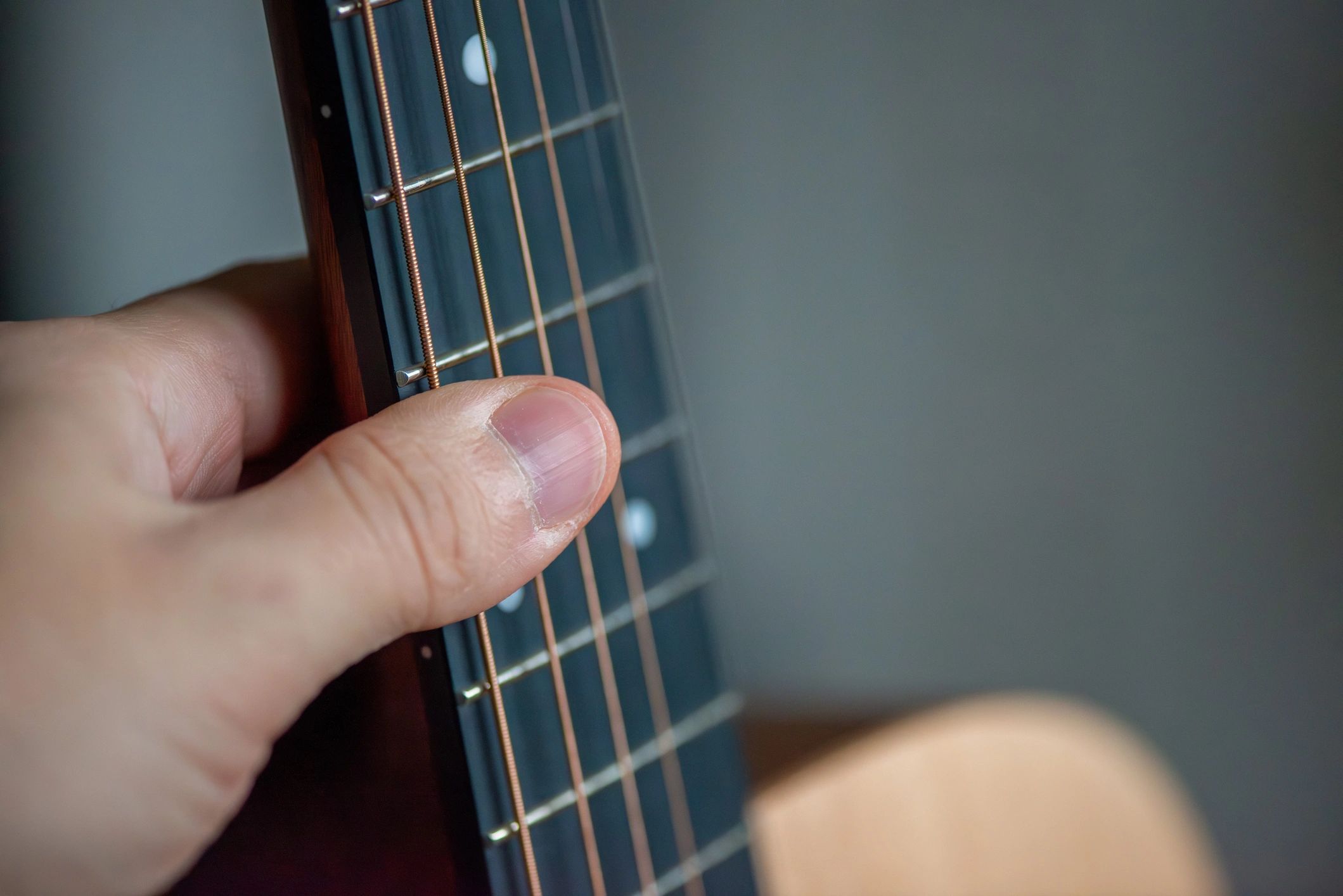 Close-up of an acoustic guitar and strings